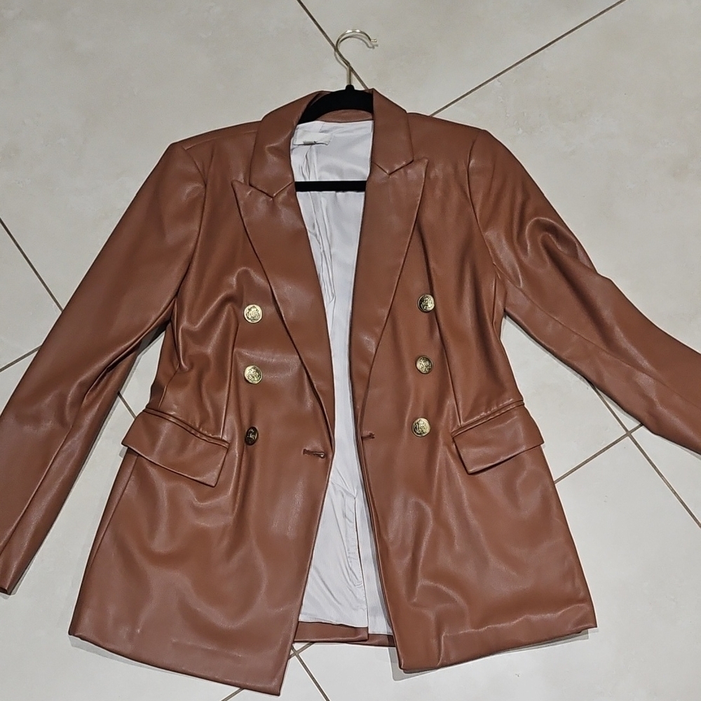LOFT Tan Double-Breasted Blazer with Gold Buttons